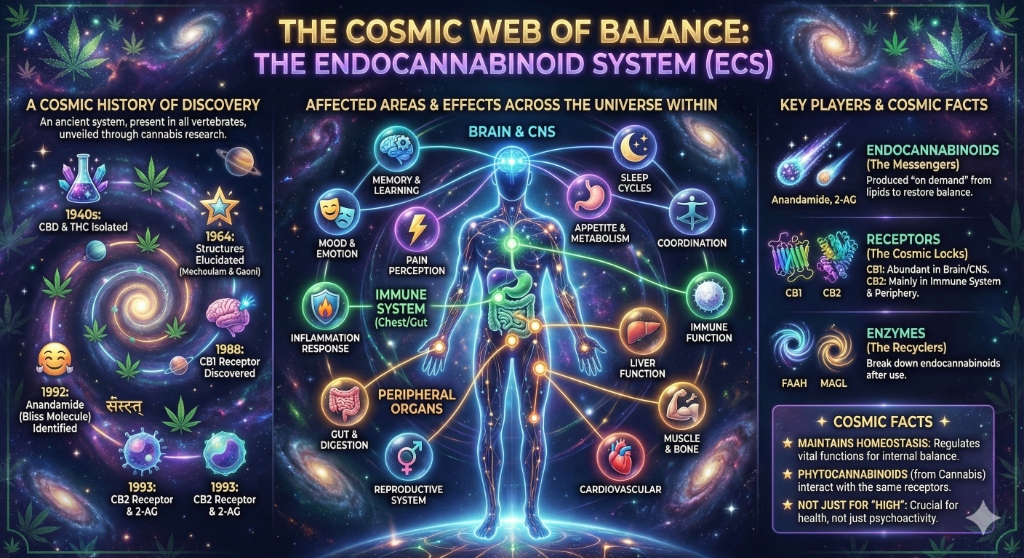 The Cosmic Web of Balance: The Endocannabinoid System (ECS) - Infographic showing the history of discovery, affected areas including Brain & CNS, Immune System, and Peripheral Organs, plus key players like endocannabinoids, receptors, and enzymes